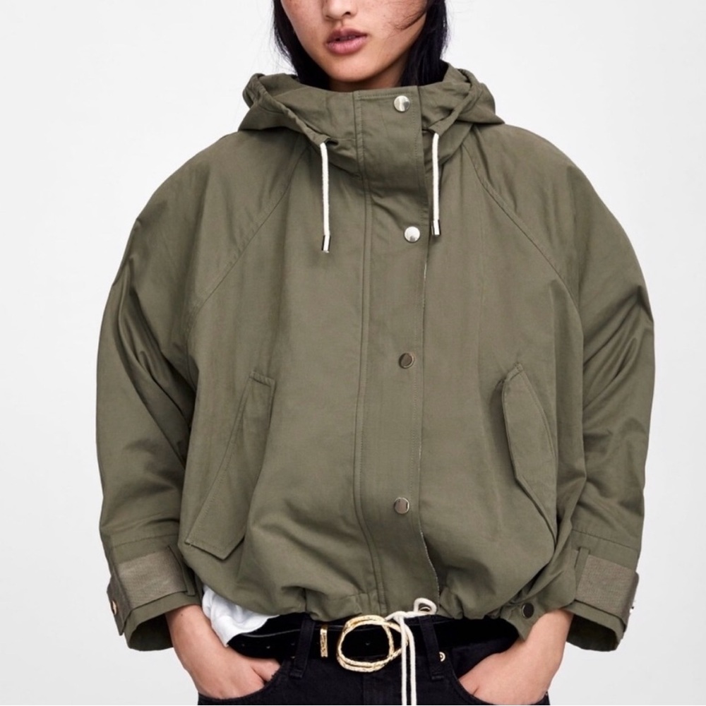 Zara Khaki Hooded Utility Jacket